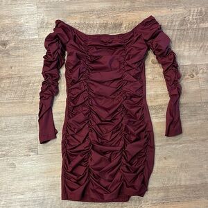 SHEIN Burgundy Ruched Long Sleeve Dress